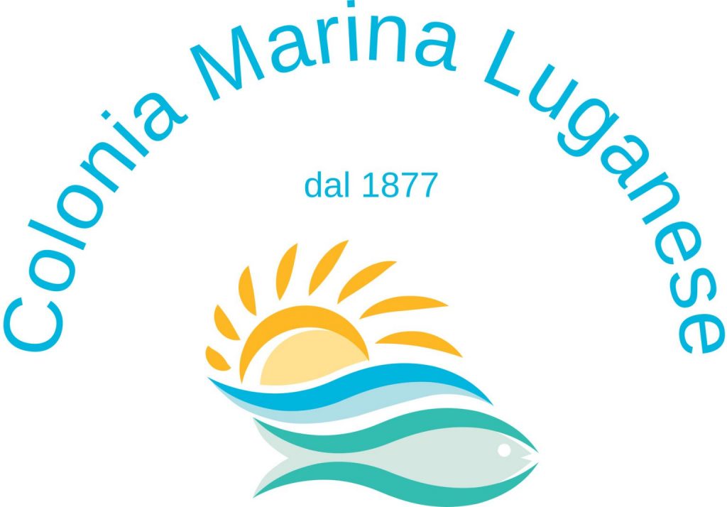 Logo Colonia Marina Luganese dal 1877 con sole mare e pesce stilizzati colorati